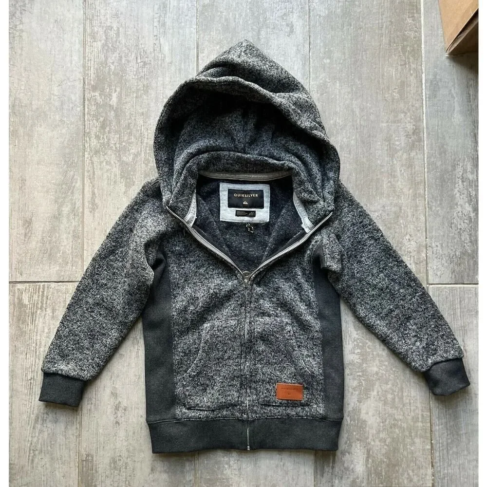 $55 QUIKSILVER Zip Hooded Sweatshirt Hoodie Boys Gray Kids KELLER Fleece Lined 7